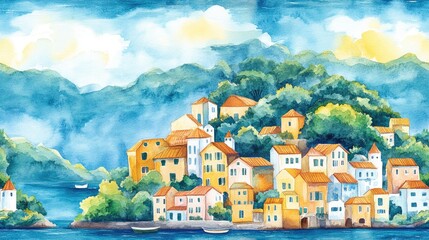 Hand drawn watercolor seamless pattern of a coastal town with ocean view featuring blue sea island buildings trees and hills under a bright blue sky
