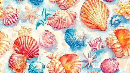 Fototapeta premium Seamless pattern of vibrant summer beach seashells and tropical elements with a watercolor background perfect for fabric and wallpaper designs