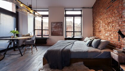 Bedroom with bed and exposed brick in an industrial-style apartment.