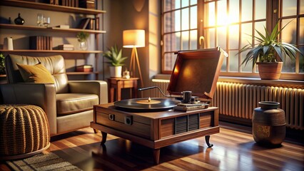 Vintage Turntable Record Player with Dust Cover in a Cozy Living Space, Evoking Nostalgia and Timeless Charm for Music Lovers and Collectors