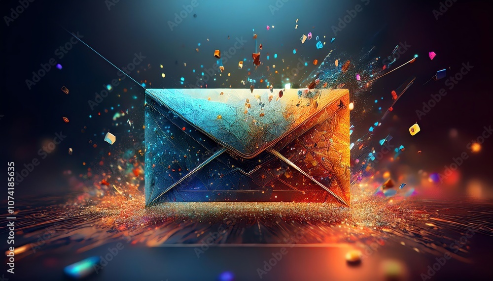 Poster a colorful, digital representation of an envelope surrounded by vibrant particles, symbolizing commu