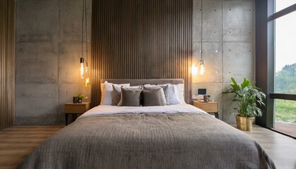 Modern bedroom with an industrial vibe, featuring concrete walls and soft lighting.