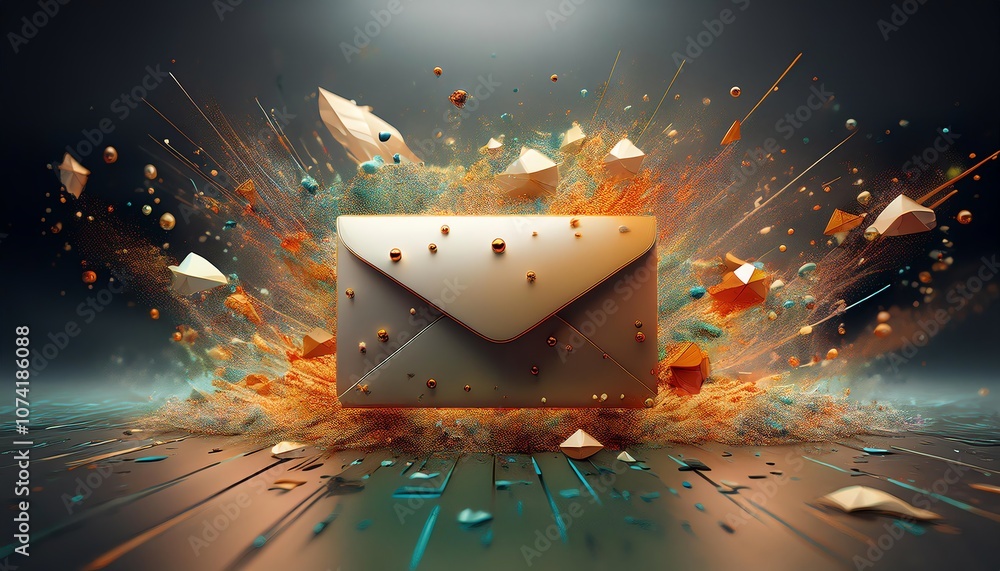 Poster a dynamic explosion of colors and shapes around a stylized envelope symbolizing communication and di