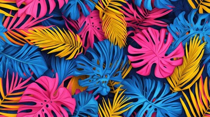 Vibrant modern abstract seamless pattern featuring colorful tropical leaves perfect for summer swimwear and botanical design