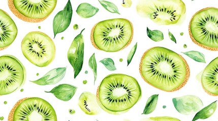 Fototapeta premium Watercolor seamless pattern featuring vibrant kiwi fruit perfect for creating fruity themed designs