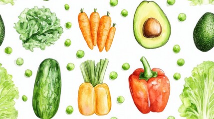 Seamless watercolor pattern featuring fresh vegetables including lettuce avocado carrot pepper and peas perfect for fabric design or food related decor