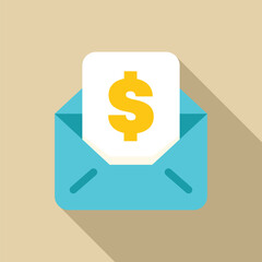 Light blue open envelope containing document with yellow dollar sign, depicting online payment, money transfer, or salary concept