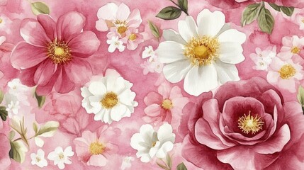 Seamless watercolor floral pattern featuring various wedding flowers ideal for invitations and decor