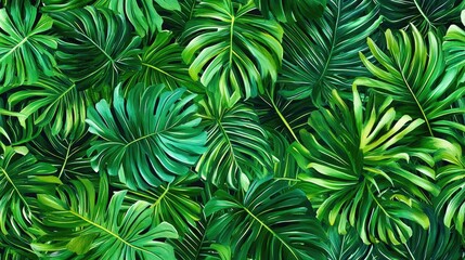 Tropical green seamless pattern featuring hand painted floral designs and palm leaves perfect for summer themed decor and fashion