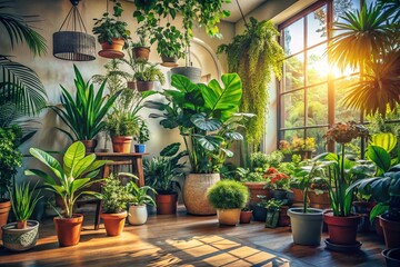 Fototapeta premium Warm Lighting Embracing Cozy Indoor Plants in a Serene Setting with Soft Shadows and Lush Greenery, Perfectly Framing Nature’s Beauty in an Inviting Home Environment