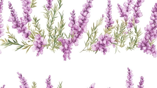 Seamless pattern featuring delicate watercolor heather flowers arranged in a decorative frame on a clean white background
