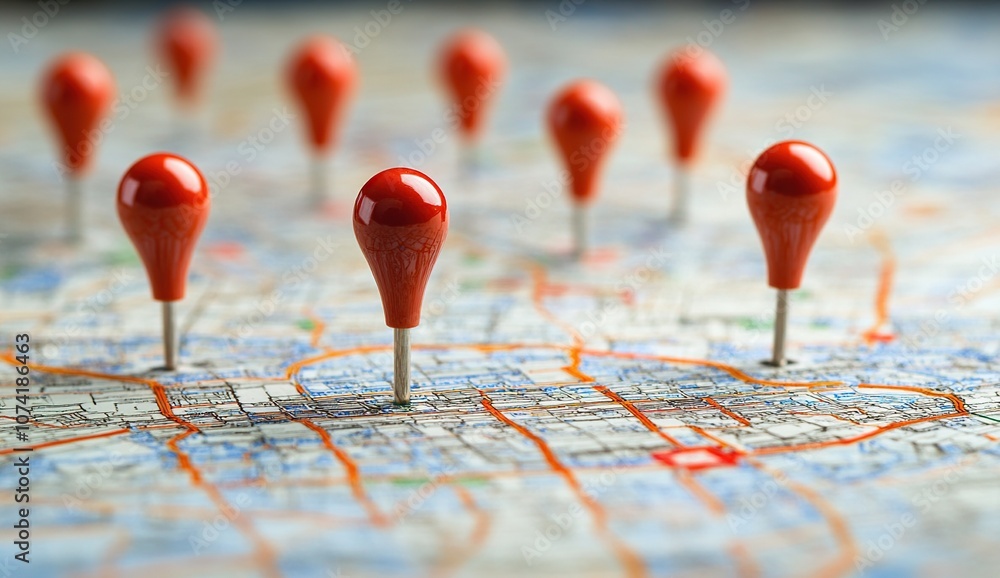 Aufkleber red push pins on a map, showing multiple locations.