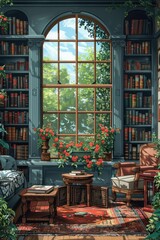 a cozy and inviting library filled with bookshelves, plants, and a warm fireplace. The room has a vintage aesthetic, with wooden shelves, a brick fireplace, and a comfortable armchair. The overall atm