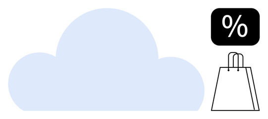 Cloud symbolizes cloud computing next to shopping bag and percentage sign representing ecommerce, shopping and discounts. Ideal for online shopping, cloud services, retail promotions and marketing