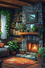 a cozy and inviting library filled with bookshelves, plants, and a warm fireplace. The room has a vintage aesthetic, with wooden shelves, a brick fireplace, and a comfortable armchair. The overall atm