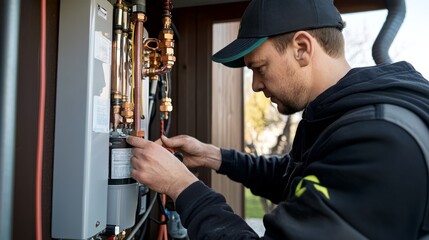 A technician is adjusting electrical components in a heating system, showcasing expertise in home maintenance and installation.