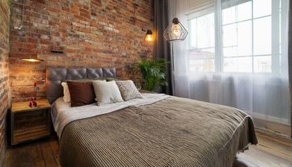 Bedroom with bed, exposed brick, and vintage industrial fixtures.
