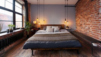 Bedroom with bed, exposed brick, and vintage industrial fixtures.