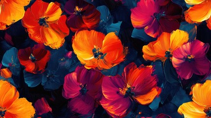 Seamless pattern of vibrant oil painted flowers with intricate brush strokes ideal for creative backgrounds and design projects