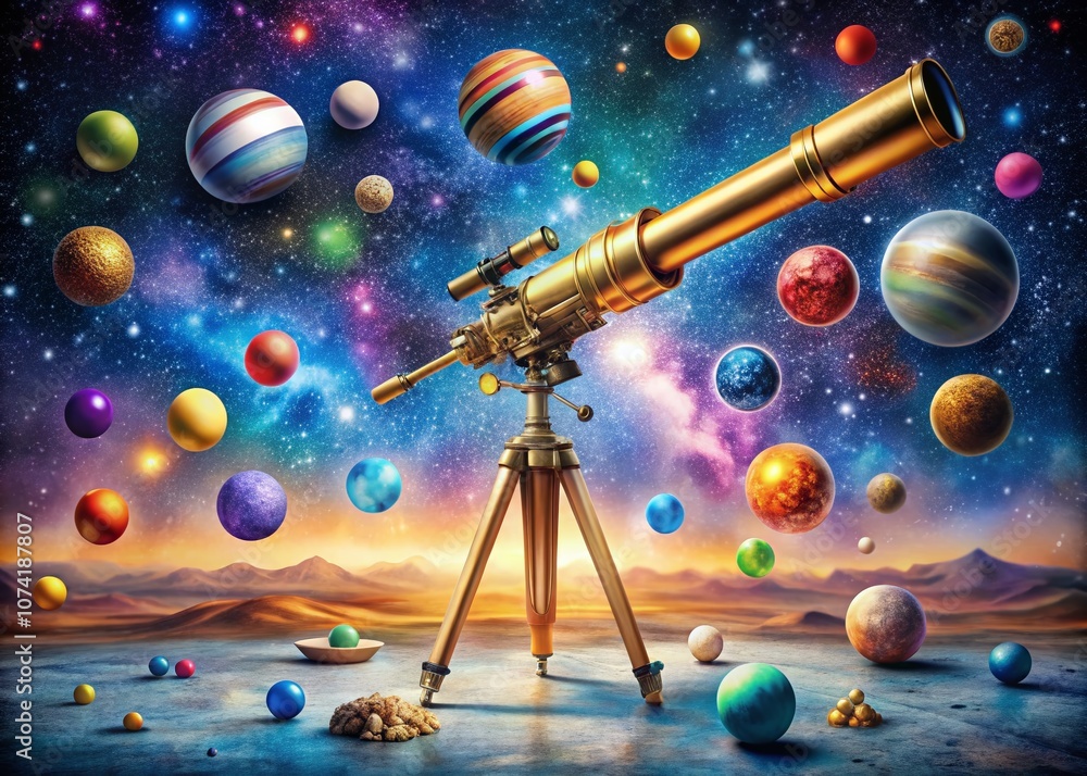 Poster whimsical telescope surrounded by colorful planets and spheres in a cosmic setting for enchanting pr