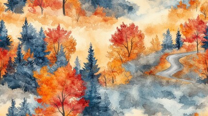Seamless pattern of digital watercolor depicting a beautiful landscape of a winding road through the vibrant autumn woods ideal for textile design nature themed projects