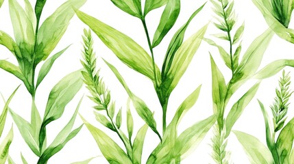 Fototapeta premium Watercolor seamless pattern featuring vibrant marsh plants and green herbs ideal for textile design and nature themed crafts