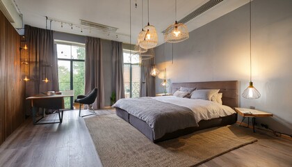 Hotel room with hanging lights and a bed in an industrial-style interior.