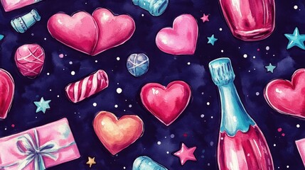 Watercolor seamless pattern featuring pink and turquoise hearts champagne bottles candies stars and wrapped presents on a violet background ideal for Valentine s Day decorations