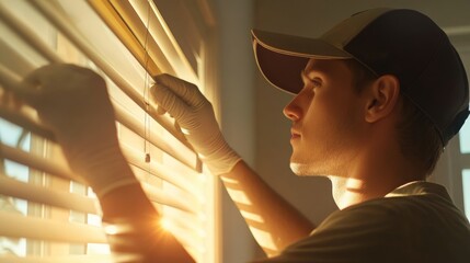 A focused individual adjusts window blinds, allowing sunlight to filter through gaps, highlighting a serene home environment.