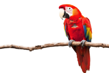 A vibrant scarlet macaw perched on a branch, showcasing its colorful plumage.