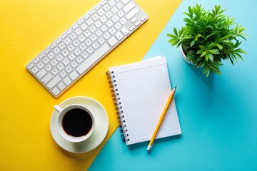 White Office Table Top View with Coffee, Plants, Notepad, and Office Supplies – A Clean, Minimalist Workspace for Productivity and Inspiration