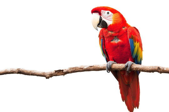 A vibrant scarlet macaw perched on a branch, showcasing its colorful plumage.