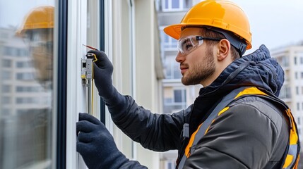 A construction worker in safety gear installs a window while focusing on precision and detail in an urban setting.