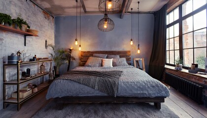 Industrial-style bedroom with a bed and vintage hanging lights.
