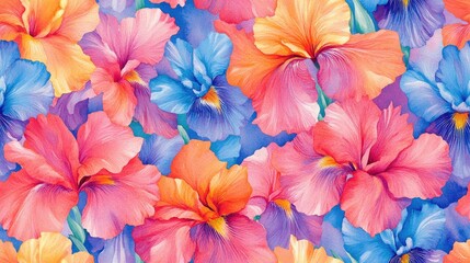 Watercolor seamless pattern featuring vibrant blooming irises perfect for fabric design or floral themed decor