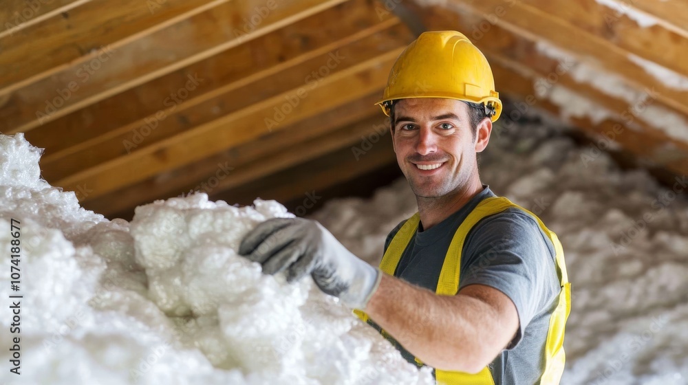 Poster a smiling worker in a hard hat and gloves poses while handling insulation material in an attic space