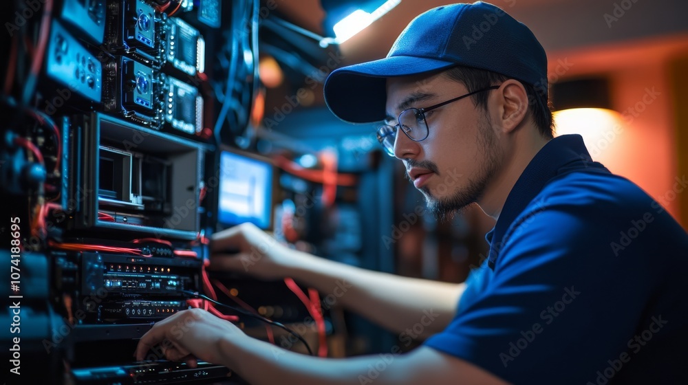 Poster a technician works on complex circuit boards and cables in a dimly lit environment, focusing intentl