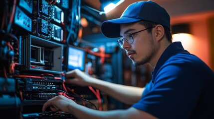 A technician works on complex circuit boards and cables in a dimly lit environment, focusing intently on their task.