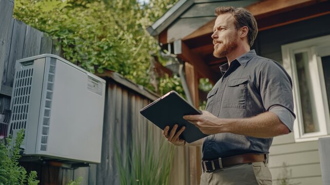 A technician inspects an outdoor unit, holding a tablet, in a residential setting surrounded by greenery.