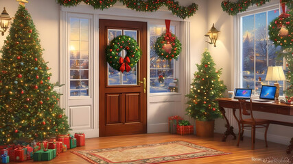 office with Christmas tree with gifts and decorations