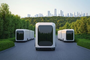 Autonomous Future: A sleek fleet of autonomous vehicles, designed with modern aesthetics,  drives towards a future where technology seamlessly blends with nature.