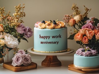 retirement card for a coworker featuring a blue frosted cake with delicate pastel roses and floral arrangements, symbolizing appreciation and best wishes for a new chapter, copy space for signing 