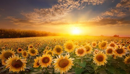 A vibrant field of sunflowers basking in the golden glow of a sunset, with a dramatic sky enhancing the serene landscape.