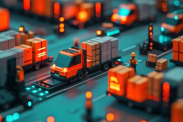 Fototapeta premium The Future of Logistics: A vibrant, pixelated illustration of a bustling delivery network, with miniature trucks carrying parcels and a lone worker overseeing the flow.