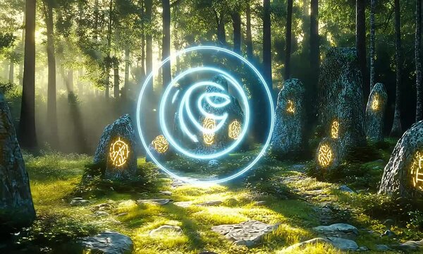 Mystical glowing runestones in forest with ai generated.
