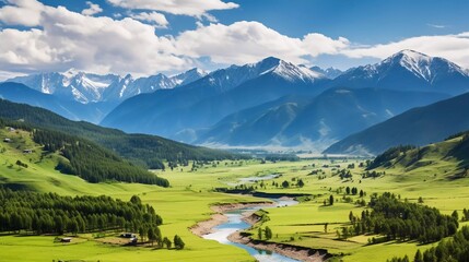A breathtaking landscape featuring mountains, a river, and lush green fields under a blue sky.
