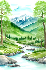 Obraz premium watercolor painting background landscape with fresh green forest and ice mountains