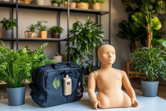 CPR Training Dummy and Equipment on a White Surface