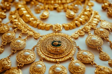 Delicate Gold Necklaces and Rings on White Background
