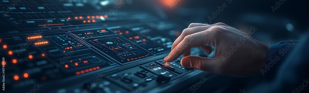 Fototapete A close-up of a hand adjusting a digital control panel with illuminated buttons and intricate circuitry, highlighting technology and precision.